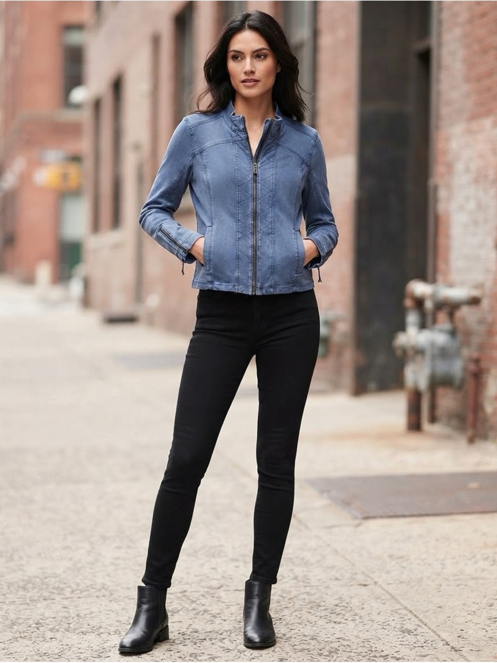 Peyton Jensen Blue Stretch Cotton Twill Moto Jacket